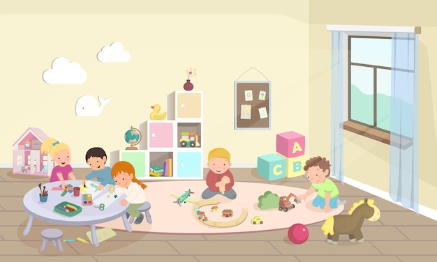 Attività dell'asilo o della scuola materna Shildren che gioca con le automobili disegnando e realizzando artigianato Illustrazione vettoriale del pacchetto di cartoni animati Camera moderna con luce solare dei mobili dalla finestra