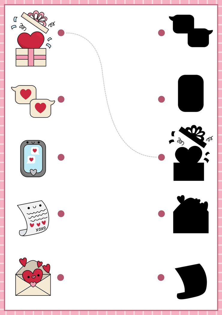 Vettore attività di corrispondenza dell'ombra di san valentino puzzle di riconoscimento della forma delle vacanze d'amore con simboli kawaii trova la silhouette corretta foglio di lavoro stampabile pagina carina per bambini con lettera presente phonexa