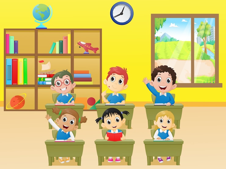 Vettore attività di lezione bambini della scuola in classe