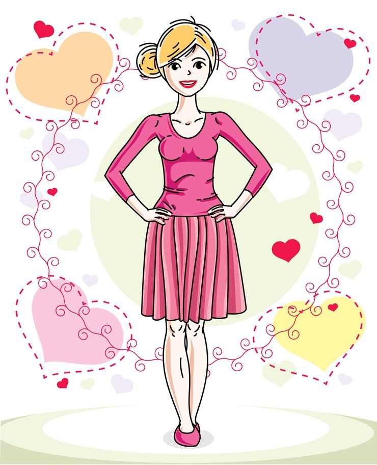 Vettore attraente giovane donna bionda adulta in piedi su sfondo colorato con cuori romantici di san valentino in abiti casual. illustrazione umana vettoriale.