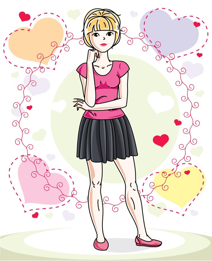Vettore attraente giovane donna bionda adulta in piedi su sfondo colorato con cuori romantici di san valentino in abiti casual. illustrazione umana vettoriale.