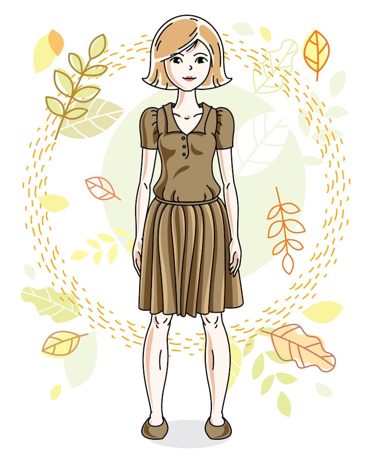 Vettore attraente giovane donna bionda in posa sullo sfondo del paesaggio autunnale e indossando diversi abiti casual. illustrazione vettoriale bella signora. clipart a tema moda.