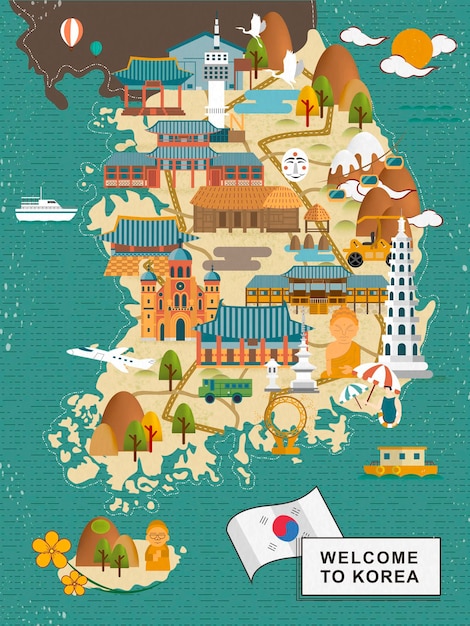 Attraente mappa di viaggio della Corea del Sud in stile piatto