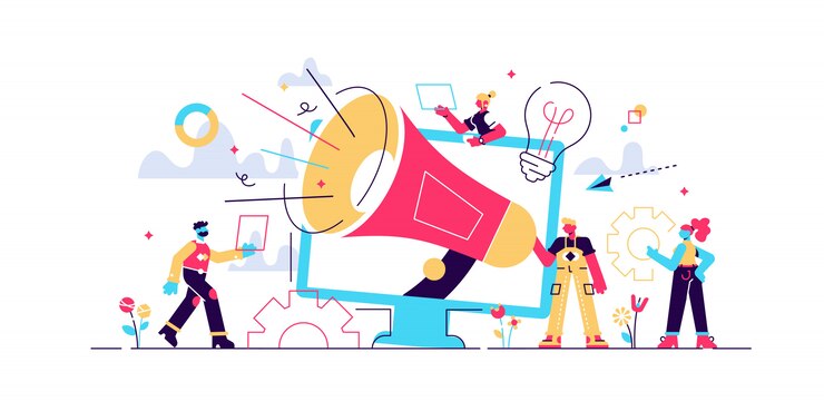 Attrazione del cliente, promozione dei social media. Team di marketing digitale, metriche del team di marketing, responsabile del team di marketing, concetto di responsabilità del team di marketing. illustrazione creativa di concetto isolato