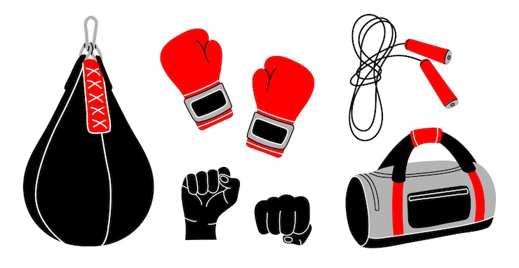 Vettore attrezzatura da boxe in inventario sportivo in stile piatto sacco da boxe sport guanti da boxe con pugno di corda da salto