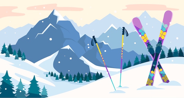 Attrezzatura da sci colorata su un paesaggio montuoso innevato Illustrazione vettoriale