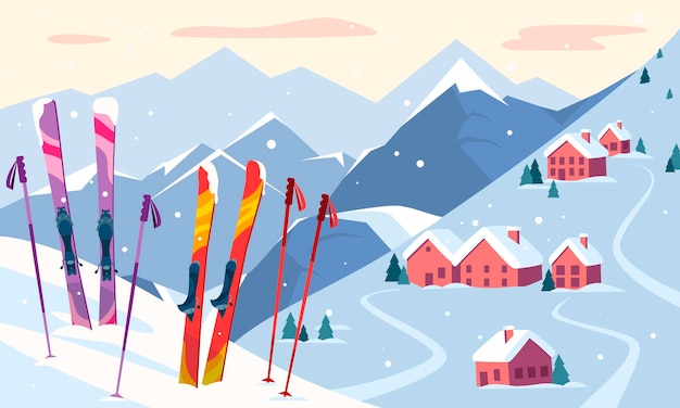 Attrezzatura da sci e paesaggio di villaggio di montagna innevato Illustrazione vettoriale