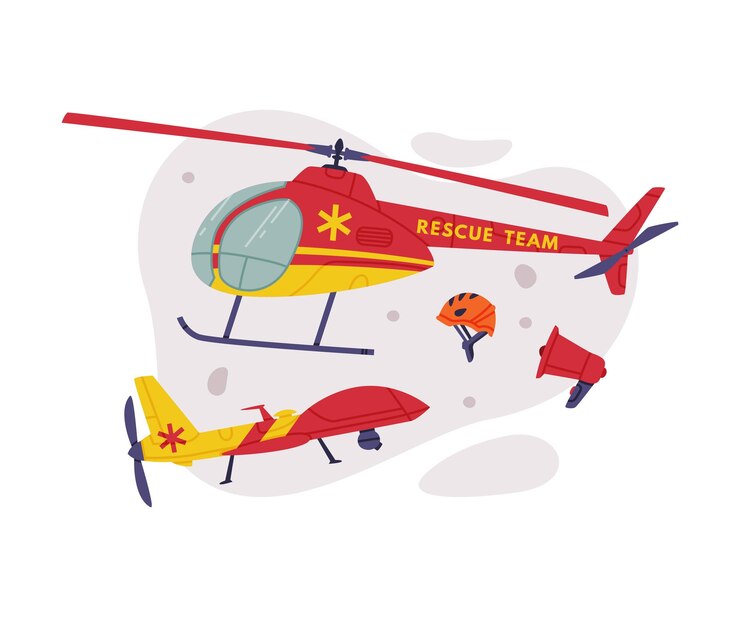 Vettore attrezzatura di soccorso con elicottero come macchina specializzata e veicolo di emergenza per il salvataggio urgente di vite umane illustrazione vettoriale