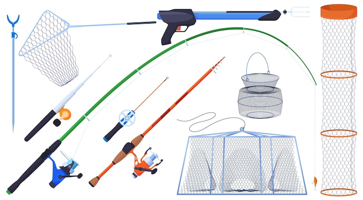 Vettore attrezzatura per la pesca. canne da pesca, lenza, ami, galleggianti, esche, rete.