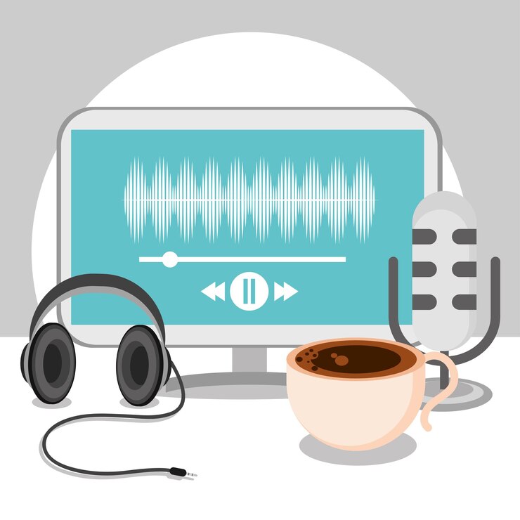 Vettore attrezzatura per podcast e tazza di caffè