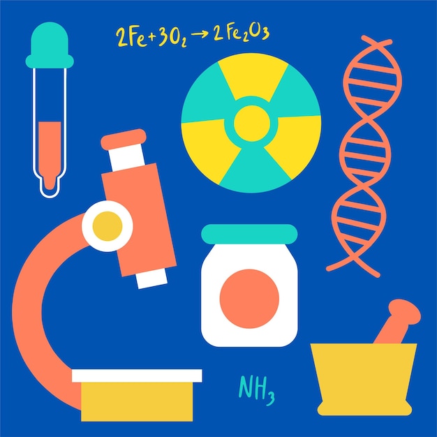 Attrezzature da laboratorio con becher per matracci di tubi di vetro e altre apparecchiature di misurazione per laboratori chimici e medici in stile cartone animato per designer grafico Illustrazione vettoriale