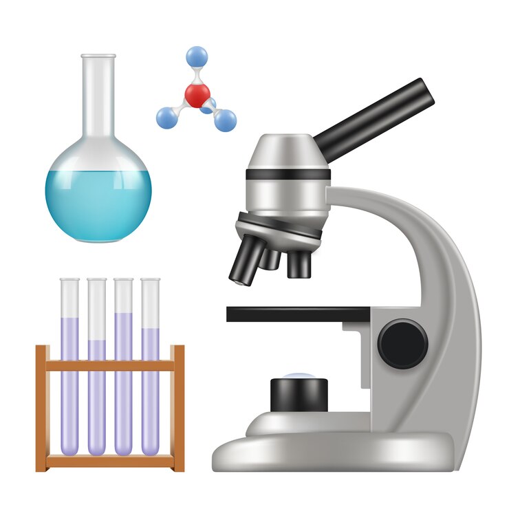 Vettore attrezzature scientifiche pipetta di vetro dei bicchieri del cilindro e dei tubi del laboratorio chimico scientifico del microscopio realistica