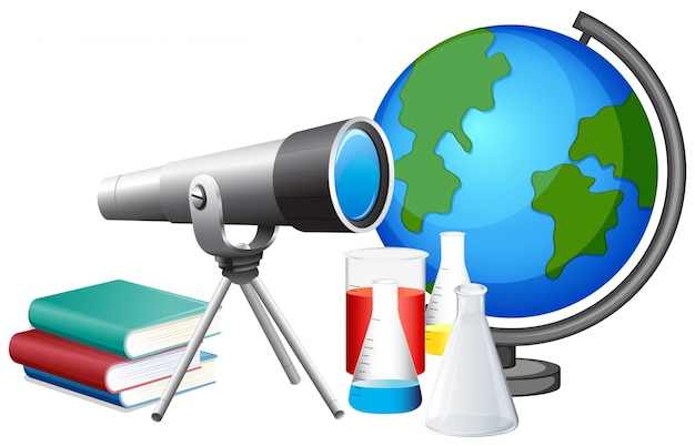 Attrezzature scolastiche diverse con telescopio e globo