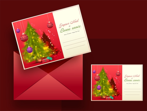 Auguri di buon Natale e felice anno nuovo in lingua francese con busta rossa.