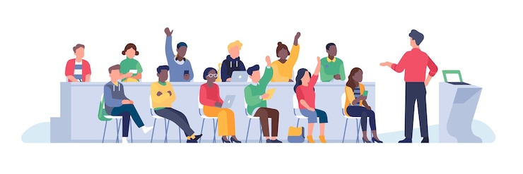 Aula magna per studenti Auditorium universitario con insegnante indietro e studenti vista frontale partecipanti al corso istruzione superiore i giovani studiano lezioni nel concetto isolato piatto del fumetto di vettore del college