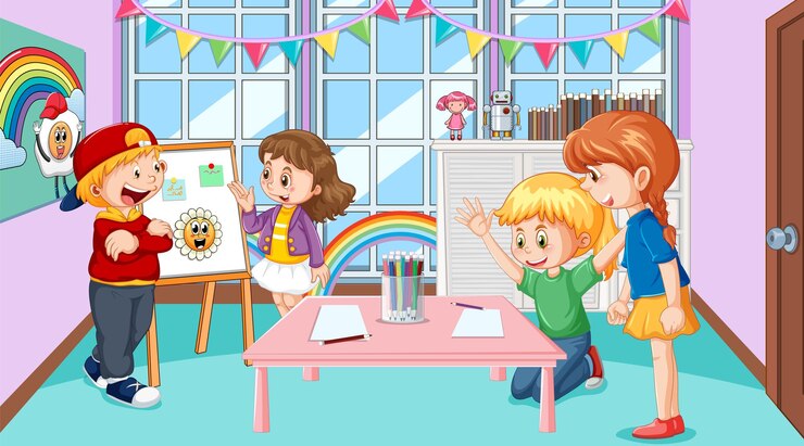 Vettore aula materna con bambini