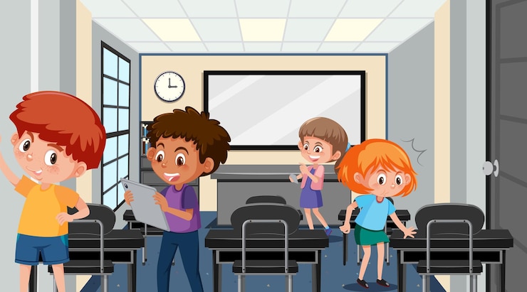 Vettore aula scolastica con bambini studenti