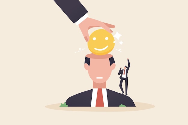 Aumenta la motivazione al lavoro Cambia idea pensa positivo essere creativo Aggiungi una nuova attitudine al lavoro Promuovi gli affari Una grande mano mette un viso sorridente in un cervello umano o in una testa grande