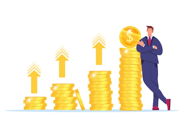 Aumento delle entrate, crescita del reddito monetario o ritorno sull'investimento illustrazione vettoriale con uomo d'affari, monete d'oro impilate.