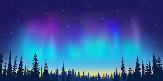Aurora boreale e foresta all'orizzonte Aurora boreale e stelle vacanze invernali