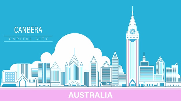 Australia Canberra capitale skyline con un nastro rosa intorno ad esso e uno sfondo blu del cielo