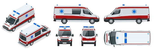 Auto ambulanza. Un servizio medico di emergenza, che somministra cure di emergenza a persone con problemi medici acuti. Vista laterale, superiore, tetto, posteriore, anteriore, isometrica