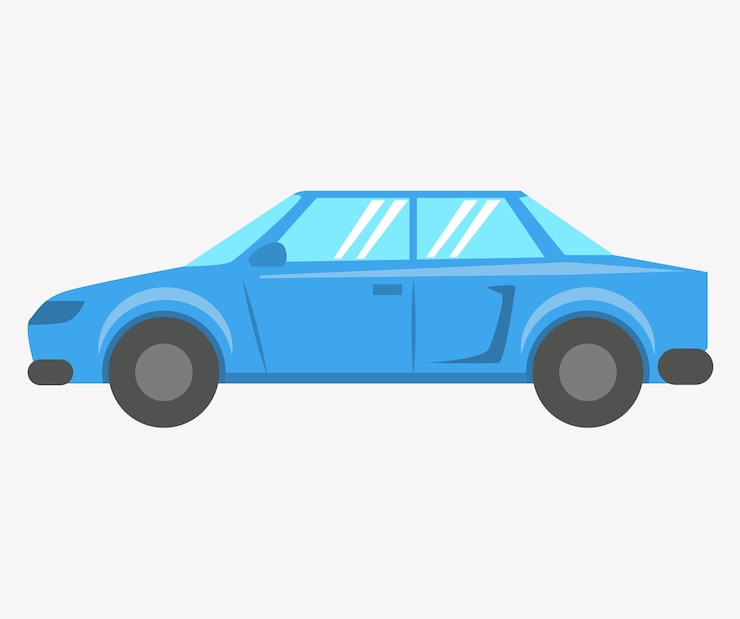 Vettore auto blu moderna berlina vista laterale veicolo vettoriale guidato da conducente di automobile con motore e ruote trasporto per spostarsi in città o percorrere lunghe distanze macchina comfort isolata su bianco