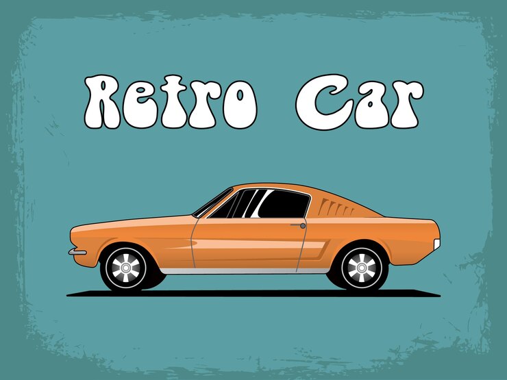 Vettore auto d'epoca arancione su sfondo blu con graffi ford mustang in stile cartone animato