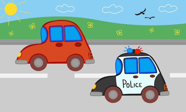 Auto della polizia, auto arancione che guida lungo la strada. Illustrazione per la stampa, sfondi, carte da parati, copertine, imballaggi, biglietti di auguri, poster, adesivi, tessuti, design stagionale.