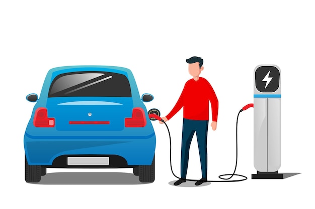 Auto elettrica blu alla stazione di ricarica con un giovane che tiene il cavo