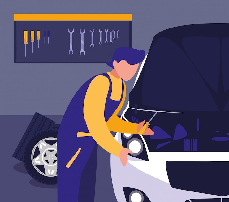 Vettore auto in officina di manutenzione con funzionamento meccanico