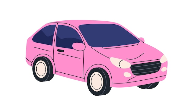Auto passeggeri veicolo automobilistico a ruote Piccolo trasporto stradale automobilistico di modello coupe a due porte Vista prospettiva dell'automobile compatta Illustrazione vettoriale piatta isolata su sfondo bianco