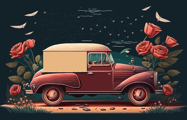 Auto retrò circondata da bellissime rose Sfondo scuro l'auto sembra elegante ed elegante come nei film degli anni '50 atmosfera fascino romantico Concetto romantico Illustrazione vettoriale