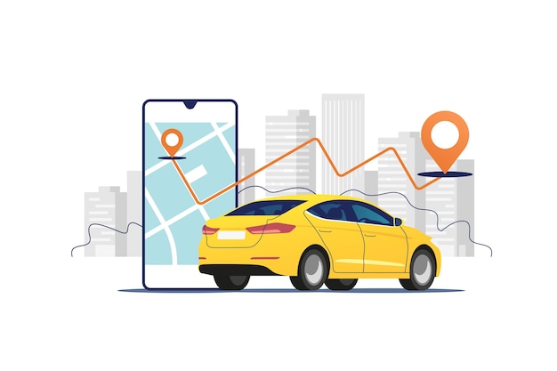 Auto, smartphone con percorso sullo sfondo del paesaggio urbano. Sistemi di navigazione satellitare e per auto.