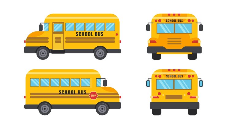 Vettore autobus scolastico giallo concept di ritorno a scuola vista anteriore e posteriore illustrazione vettoriale piatta isolata
