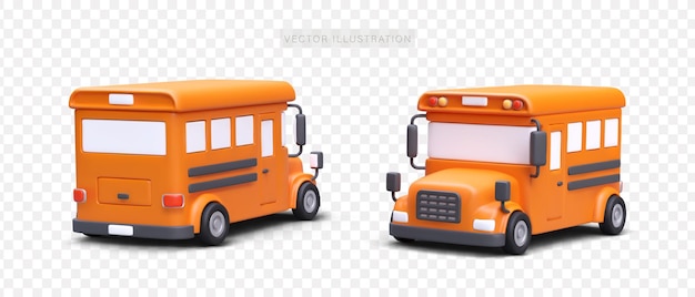 Autobus scolastico vista anteriore e posteriore Set di immagini realistiche isolate con abbagliamento e ombre Approccio e partenza Autobus con finestre vuote Trasporto di gruppo sicuro di bambini