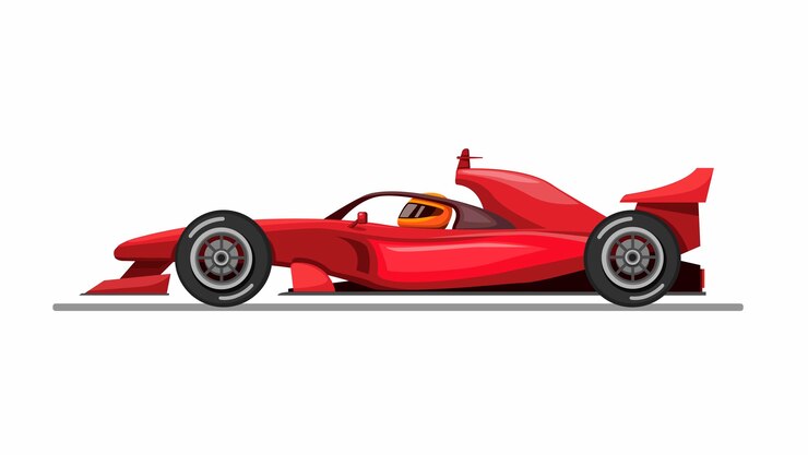 Automobile ed autista di Formula 1 con la protezione della testa dell'alone aka dal concetto di vista laterale nell'illustrazione del fumetto su fondo bianco