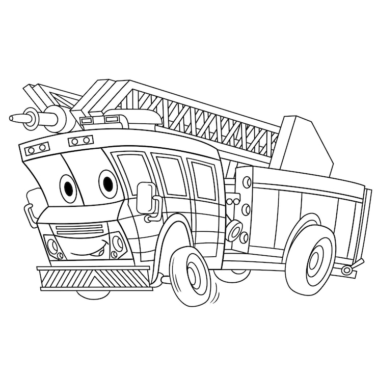 Vettore autopompa antincendio. veicolo giocattolo del fumetto con la faccia buffa. pagina del libro da colorare per bambini.