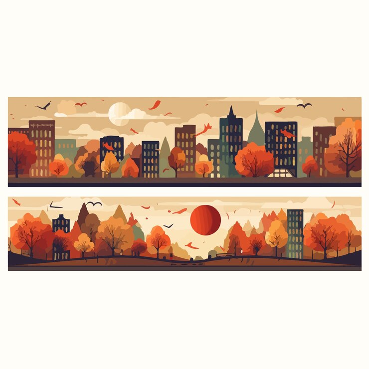 Vettore autumn_cityscape_banner_material_set_vector