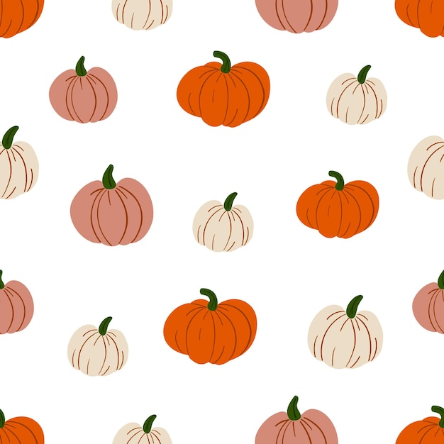 Autunno accogliente modello senza cuciture con zucche disegno a mano zucca marrone bianco e arancione