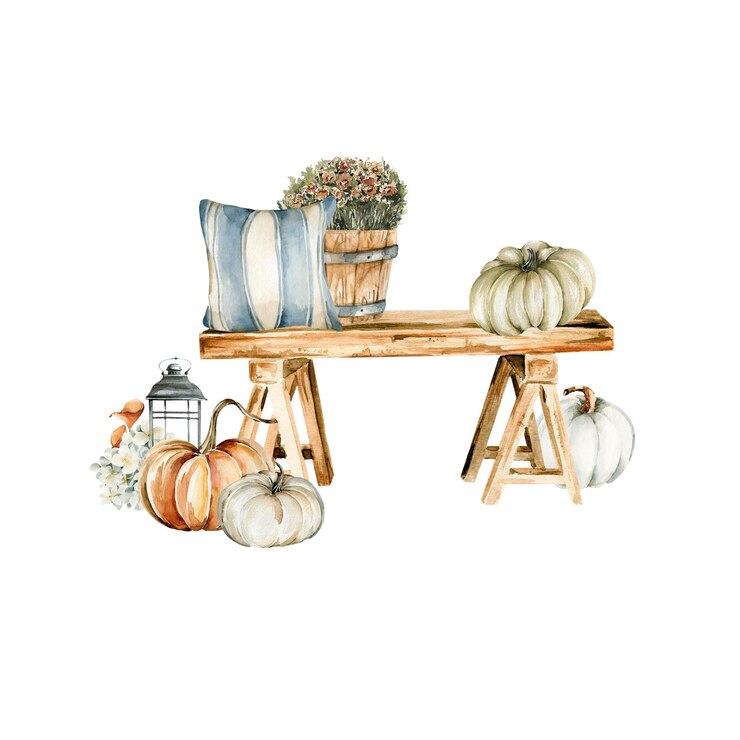 Vettore autunno ad acquerello giardino autunnale dipinto a mano con lampadina di scatola di zucche per il raccolto del giorno del ringraziamento