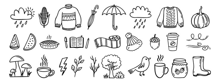 Autunno o natura stagione autunnale con foglie cadenti ombrello doodle elementi di icona disegnati a mano set