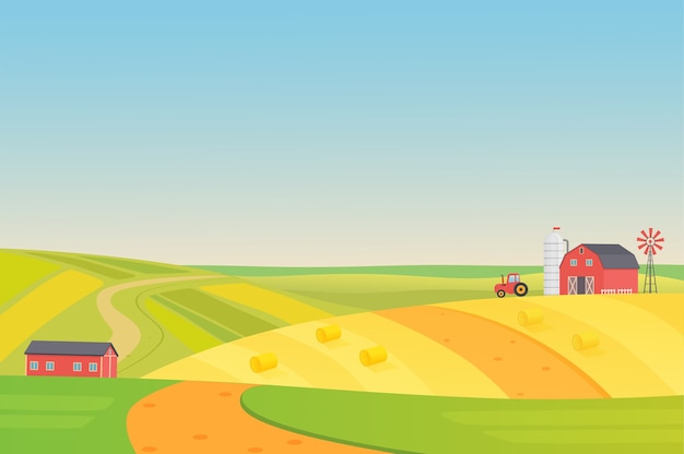 Autunno soleggiato paesaggio agricolo di raccolta eco con veicoli agricoli, mulino a vento, torre di insilato e fieno. Illustrazione colorata