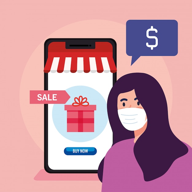 avatar della donna con il regalo della maschera e lo smartphone della vendita al dettaglio online di compera del mercato del commercio elettronico e compri l'illustrazione di tema
