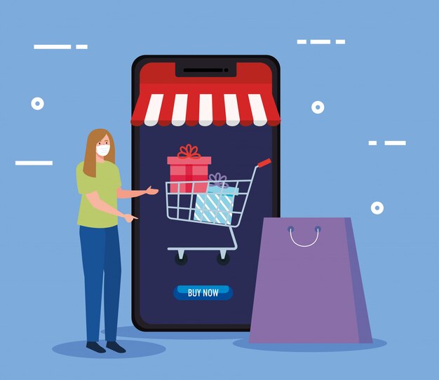 avatar della donna con la borsa della maschera e lo smartphone della vendita al dettaglio online di compera del mercato del commercio elettronico e compri l'illustrazione di tema
