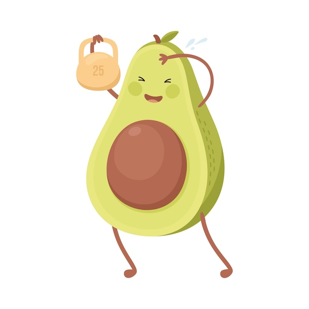 Avocado carino sollevamento di kettlebell personaggio di frutta divertente fare sport alimentazione sana e stile di vita fitness concetto illustrazione vettoriale in stile cartone animato