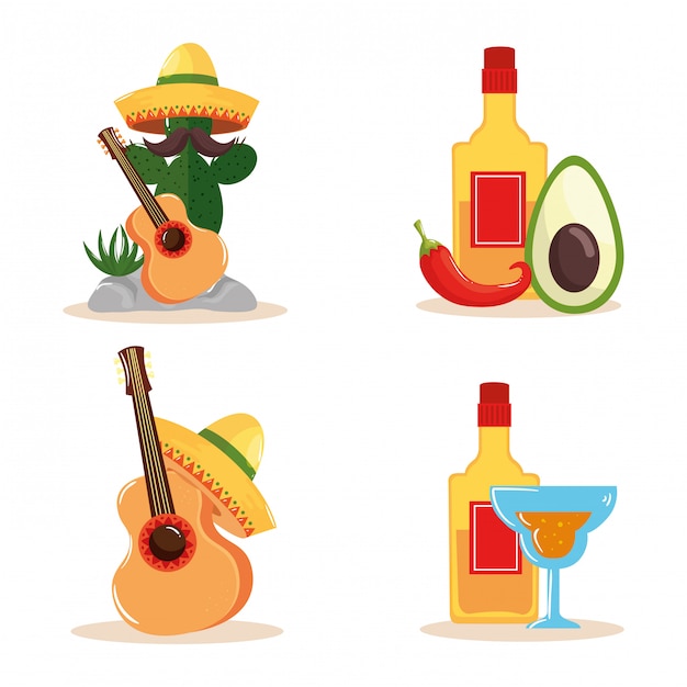 Avocado e cocktail messicani della bottiglia di tequila del cappello della chitarra del cactus