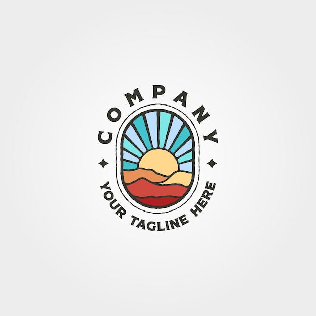 Avventura montagna e tramonto logo simbolo illustrazione vettoriale design, logo vintage sunburst design