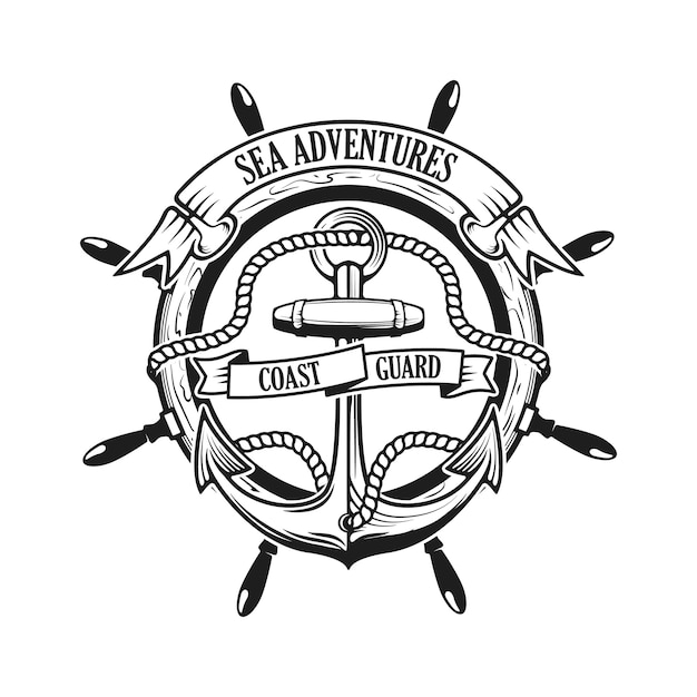 Avventure in mare. Guardia Costiera. Ancoraggio con corda e nastri su sfondo con volante. Timone della nave.