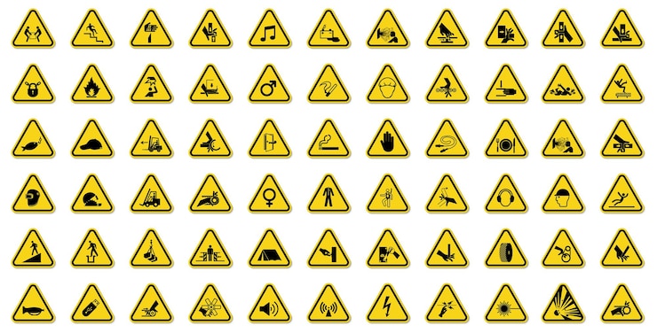 Vettore avvertimento simboli di pericolo etichette segno isolato su sfondo bianco illustrazione vettoriale